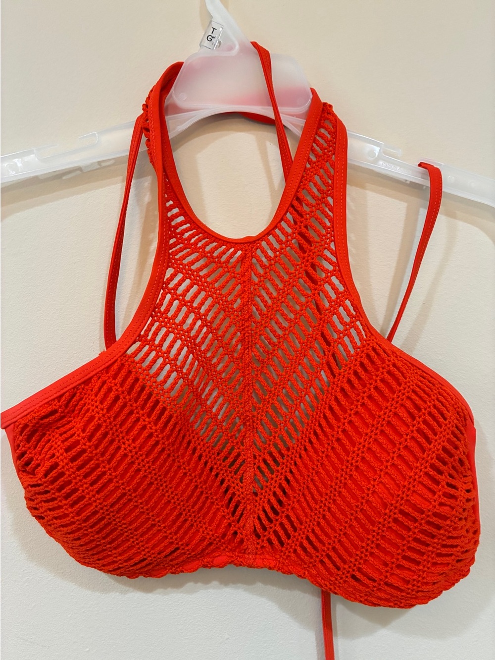 Xhiliration Crochet Halter Bikini Top - Vibrant Red-Orange